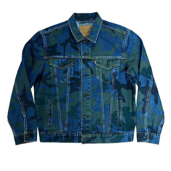 LEVIS Premium Big E Camo Trucker Jean Jacket Denim Blue Green Men's Large NWOT - Picture 1 of 12